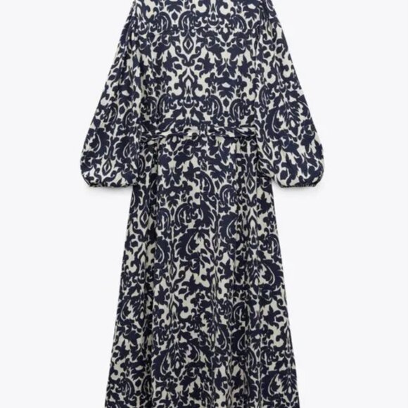Blue and White Patterned Zara Midi Dress - Button Down Dress - Shirt Dress - Picture 5 of 6